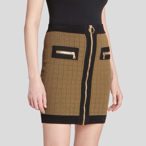 🆕 Balmain Paris Square Zip High-Waisted Skirt | Color: Khaki Black | Size: 42 - Picture 6 of 8